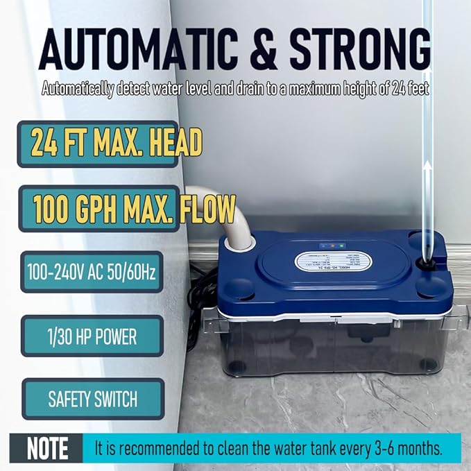 24 FT Lift 100 GPH HVAC Condensate Pump, 115V/230V Quiet (＜35dB) AC Condensation Removal Pump with Automatic Safety Switch for Air Conditioner, Furnace, Dehumidifier, Ice Maker