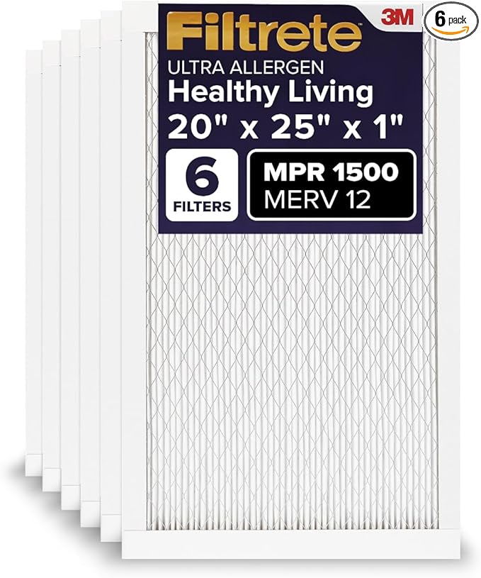 Filtrete 20x25x1 AC Furnace Air Filter, MERV 12, MPR 1500, CERTIFIED asthma & allergy friendly, 3 Month Pleated 1-Inch Electrostatic Air Cleaning Filter, 6-Pack (Actual Size 19.69x24.69x0.78)