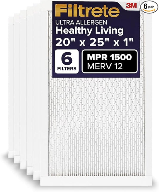 Filtrete 20x25x1 AC Furnace Air Filter, MERV 12, MPR 1500, CERTIFIED asthma & allergy friendly, 3 Month Pleated 1-Inch Electrostatic Air Cleaning Filter, 6-Pack (Actual Size 19.69x24.69x0.78)