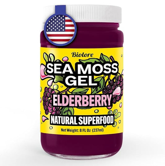 Biolore Sea Moss Gel Elderberry Made in USA Raw Wildcrafted Irish Seamoss Essential Vitamins Trace Minerals Vegan Superfood, Jam, Jelly & Sweet Spread Gifts (Elderberry 8OZ)