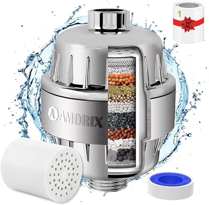 Chrome 15 Stage Shower Head Filter for Hard Water - High Output, Reduces Chlorine, Soothes Dry Skin & Itchy Scalp - Includes 2 Replaceable Filter Cartridges