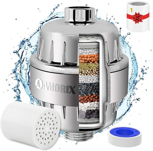 Chrome 15 Stage Shower Head Filter for Hard Water - High Output, Reduces Chlorine, Soothes Dry Skin & Itchy Scalp - Includes 2 Replaceable Filter Cartridges