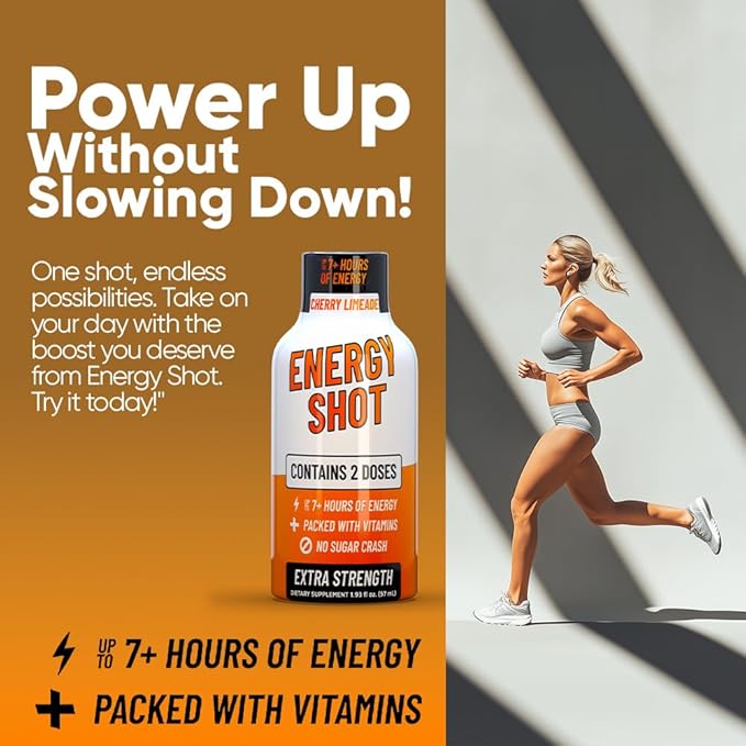 Energy Shot – 2 Servings – 100% DV B-Vitamins & 130mg Plant-Based Caffeine – Zero Calories, Sugar-Free, Vegan, Non-GMO – Energy & Productivity Support (1.93 Fl Oz (Pack of 24), Cherry Limeade)