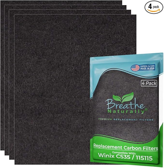 Breathe Naturally Replacement Filters Compatible with Winix C535, Plasmawave 5300, 6300 & Aeramax 300/290 Air Purifiers - Carbon Activated Filter - 12.5” x 16.25” x 0.2” (Pack of 4 Carbon Prefilters)