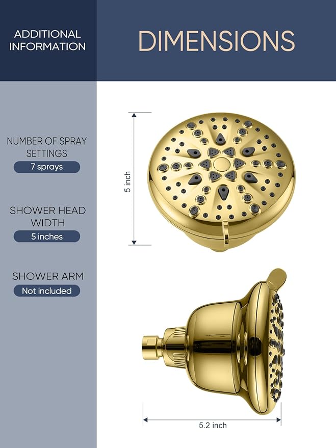 Cobbe Filtered Shower Head, 7 Modes High Pressure Shower Heads - 16 Stage Shower Head Filter for Hard Water for Remove Chlorine and Harmful Substances (Egyptian Gold, 5 Inch Round)