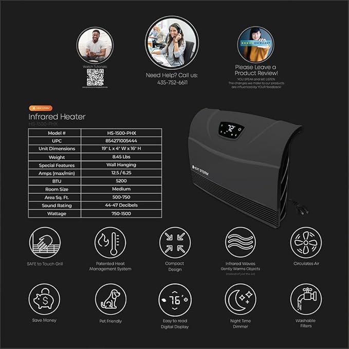 Heat Storm Phoenix HS-1500-PHX, Infrared Space Heater with Attachable Feet, Remote Control, Energy Efficient-750-1500 Watts, Gray Floor or Wall