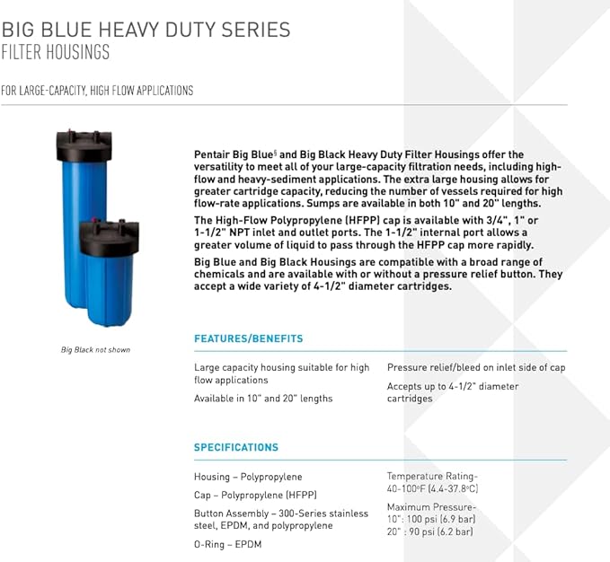 Pentair Pentek 150468 Big Blue Filter Housing, 3/4" NPT #20 Whole House Heavy Duty Water Filter Housing with High-Flow Polypropylene (HFPP) Cap, 20-Inch, Black/Blue