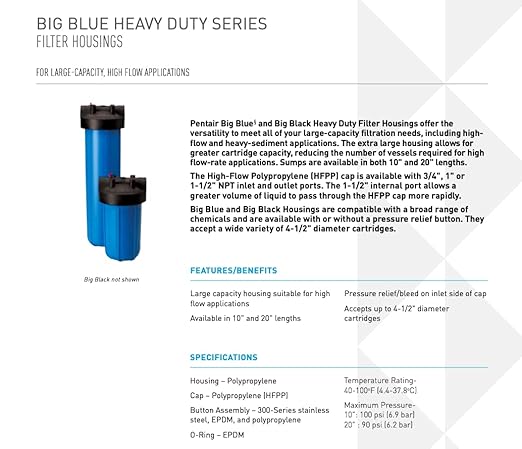 Pentair Pentek 150238 Big Blue Filter Housing, 1" NPT #10 Whole House Heavy Duty Water Filter Housing with High-Flow Polypropylene (HFPP) Cap, 10-Inch, Black/Blue