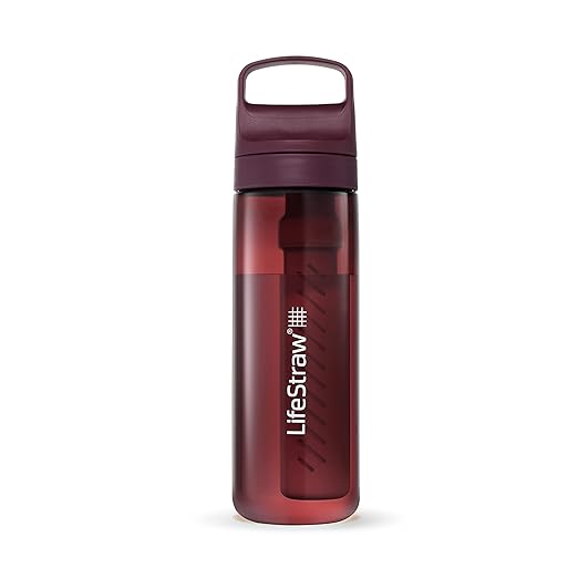 LifeStraw Go Series – BPA-Free Water Filter Bottle for Travel and Everyday use removes Bacteria, parasites and microplastics, Improves Taste, 22oz Merlot Me Away