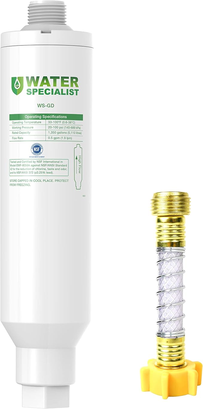 Waterspecialist Garden Hose Water Filter with Hose Protector, Compatible with Mist Cooling System, Reduces Chlorine, Bad Taste and Odor for Gardening and Pets.