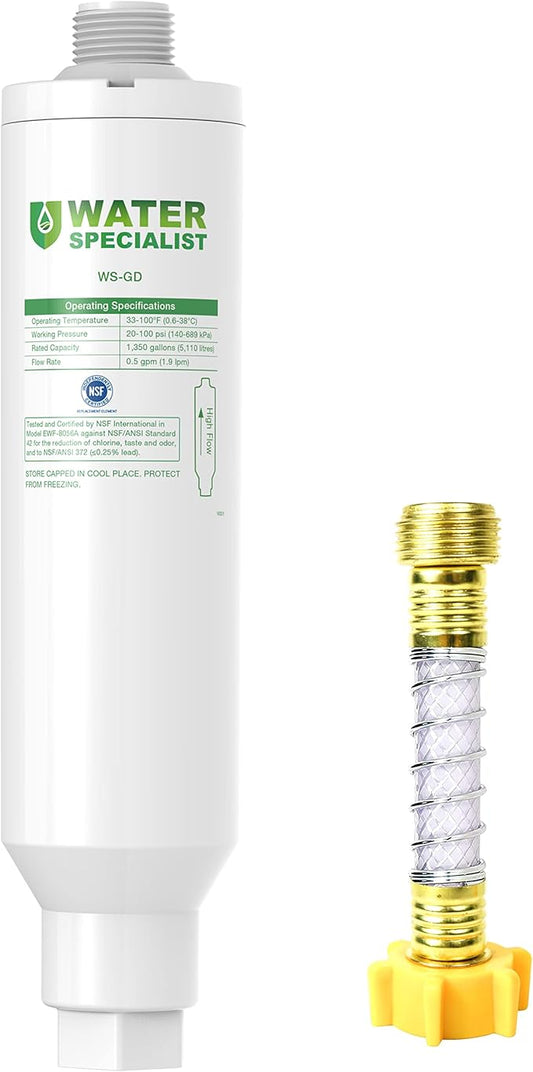 Waterspecialist Garden Hose Water Filter with Hose Protector, Compatible with Mist Cooling System, Reduces Chlorine, Bad Taste and Odor for Gardening and Pets.