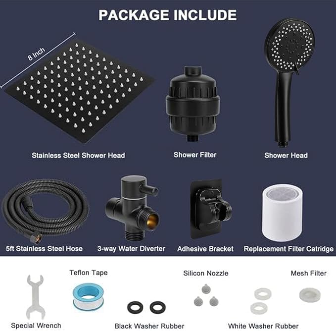 NearMoon Filtered Rain Shower Head, High Pressure 8″Square, and 5 settings Handheld Shower Filter Combo with Self-adhesive Holder/1.5M Hose -1 Replaceable Filter Cartridge (Matte Black)