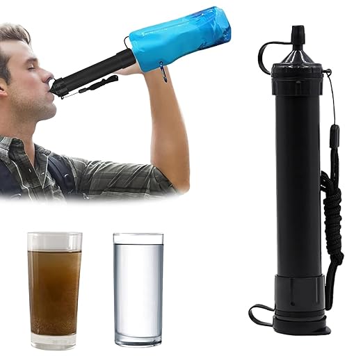 Water Filter Camping, Personal Backpacking Water Filter Straw Portable for Hiking Travels (Black)