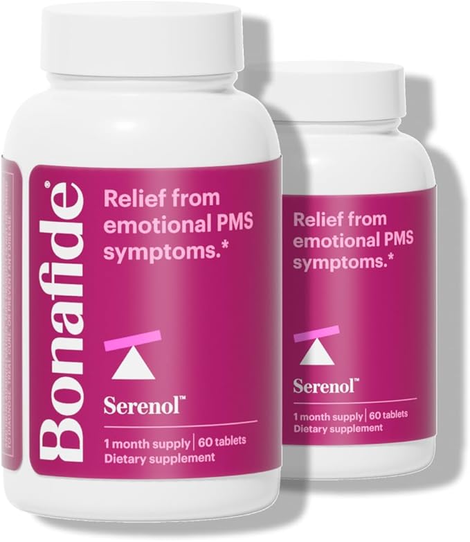 Serenol by Bonafide. Relief from Hormonal Mood Swings, Irritability, & PMS Bloating. — 2-Month Supply (120 Tablets)