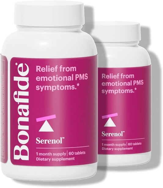 Serenol by Bonafide. Relief from Hormonal Mood Swings, Irritability, & PMS Bloating. — 2-Month Supply (120 Tablets)