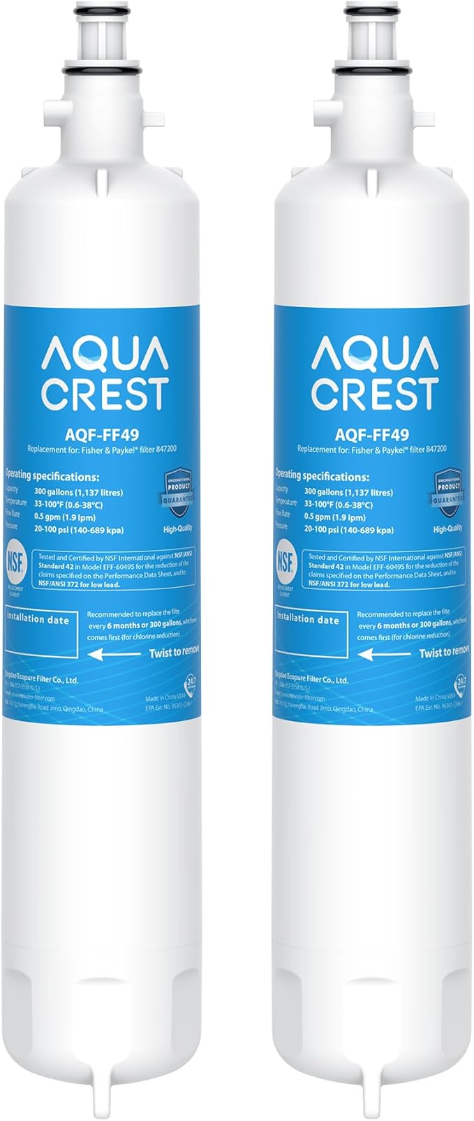 AQUA CREST 847200 Refrigerator Water Filter Replacement for Fisher & Paykel 847200, Fisher & Paykel Refrigerator Model Number E522, E422, E402, 2 Filters