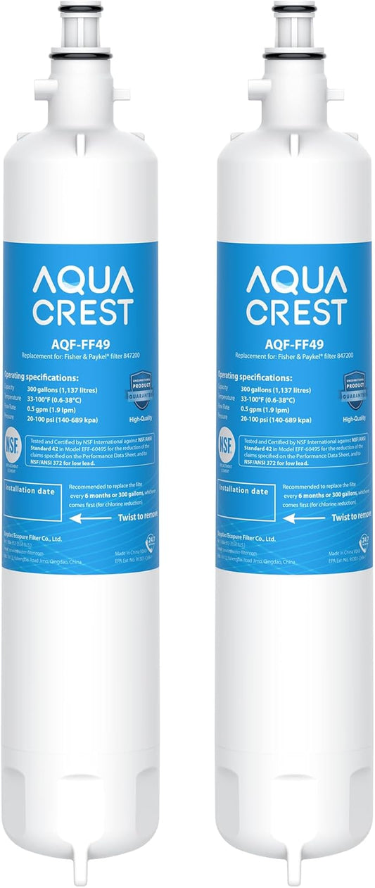 AQUA CREST 847200 Refrigerator Water Filter Replacement for Fisher & Paykel 847200, Fisher & Paykel Refrigerator Model Number E522, E422, E402, 2 Filters