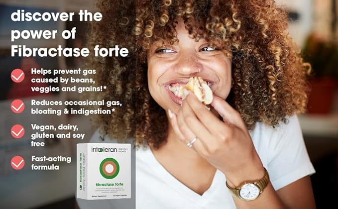 Fibractase Forte Digestive Enzymes - 36 Capsules | Supplement for Fructans & Galactans Intolerance | Helps Digest Carbohydrates; Grains, Legumes, Onion, Garlic & wheats | Pure and Vegan