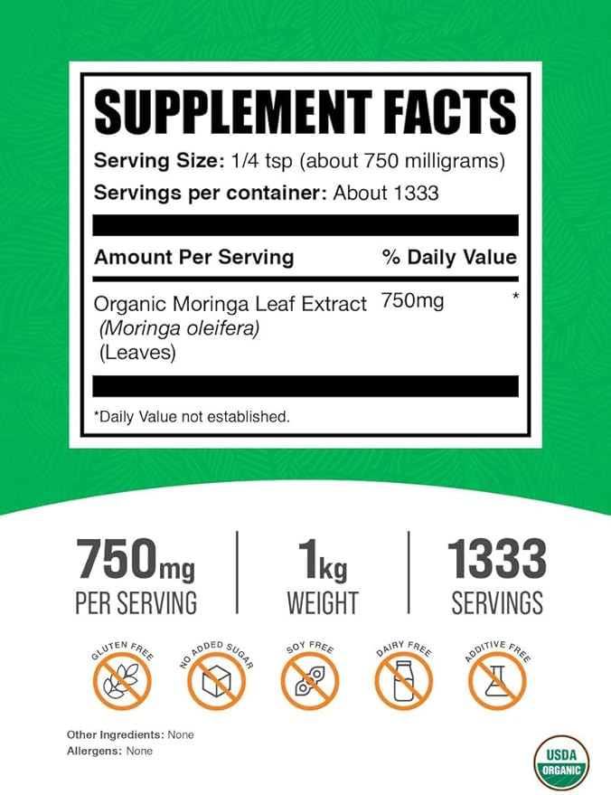 BulkSupplements.com Organic Moringa Extract Powder - Superfood Supplement, from Moringa Oleifera - Vegan & Gluten Free, 750mg per Serving, 1kg (2.2 lbs) (Pack of 1)