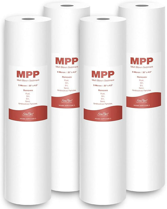 5 Micron 20 Inch Big Whole House Sediment Water Filter, 20" x 4.5" Water Filter Cartridge Replacement for SimPure DB20 Blue Housing, WGB22B, WGB32B, AP802, BB20B, BB20T, 4-Pack