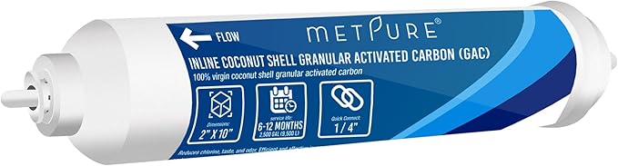 In line Water Filter 2" x 10" Coconut Shell Post Activated Carbon Water Filter Replacement with 1/4" OD Quick Connects for Inline Reverse Osmosis RO Water Filtration, Refrigerator, Ice Maker