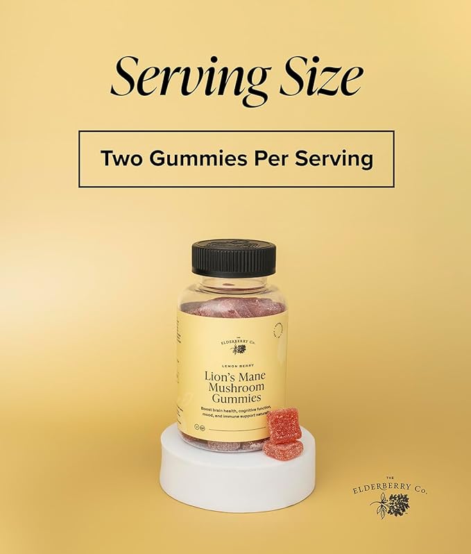 The Elderberry Co. Lion's Mane Mushroom Gummies Made from The Fruiting Body Lemon Berry Flavor Supports Immune Health, and Cognitive Function & Mental Clarity 60 Ct.