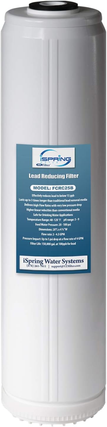 iSpring FCRC25B High Capacity 20” x 4.5” Water Filter Replacement Cartridge Lead Reducing, White, 1 Count (Pack of 1)