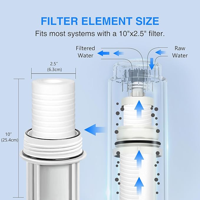BLUERISE 5 Micron 10" x 2.5" Water Filter Replacement Whole House Sediment Home Water Filter Replacement Cartridge Ro Sediment Filter Easy Installation Fits Any 10" Reverse Osmosis Unit - 6 Pack