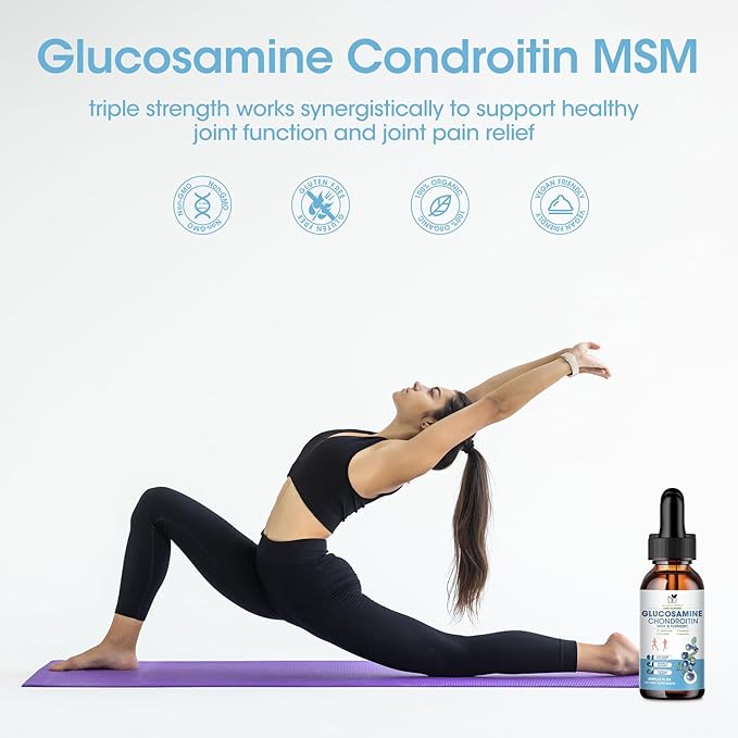Glucosamine Chondroitin MSM Liquid Drops - Joint Support Supplement with Turmeric Boswellia, Bromelain, Hyaluronic Acid, Relief for Back, Knees & Hands,Blueberry Flavor, 2 Fl Oz