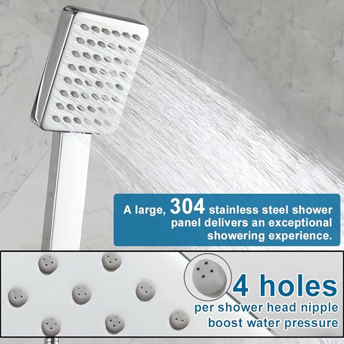 POP SANITARYWARE All Metal Shower Head with Handheld Chrome High Pressure 12 Inch Showerhead Combo, 71 Inch / 6 ft Hose, Press Button 4-Way Diverter, Adjustable Extension Arm