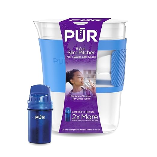 PUR Water Filter Pitcher Slim design 8 Cup capacity with 1 filter, dishwasher safe, faster filtration, water purifier pitcher for cleaner, great tasting water, ideal for compact space, dorm room, Blue