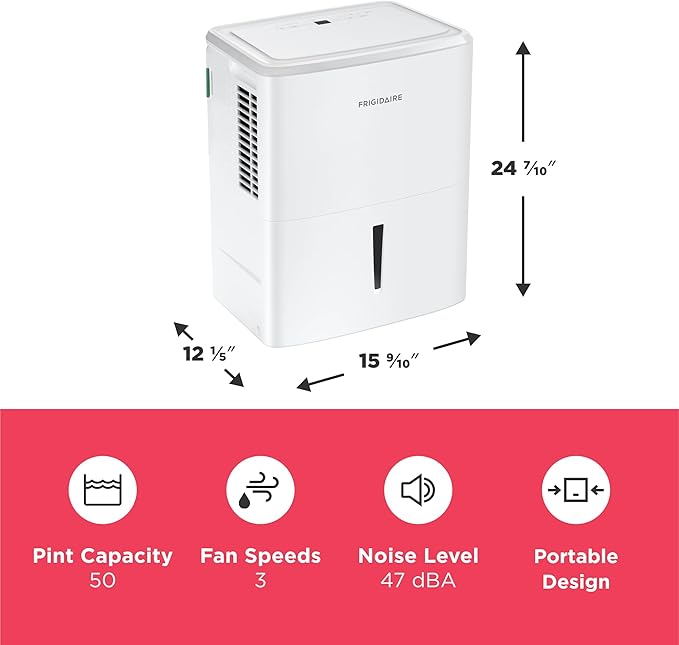 Frigidaire 50-Pint Portable Dehumidifier with Wi-Fi and Energy Star Certification for Medium/Large Rooms & Basements, Custom Humidity Control, Auto Shut Off, White