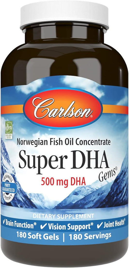 Carlson - Super DHA Gems, 500 mg DHA Supplements, 640 mg Fatty Acids, Wild-Caught Norwegian Arctic Omega 3 Fish Oil Supplement, Sustainably Sourced Fish Oil Capsules, 180 Softgels