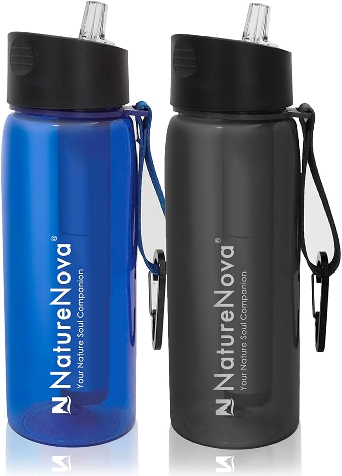 Water Filter Bottle with 4-Stage Integrated Filter Straw BPA Free for Camping, Hiking, Backpacking, Emergency and Travel, Black 650ml