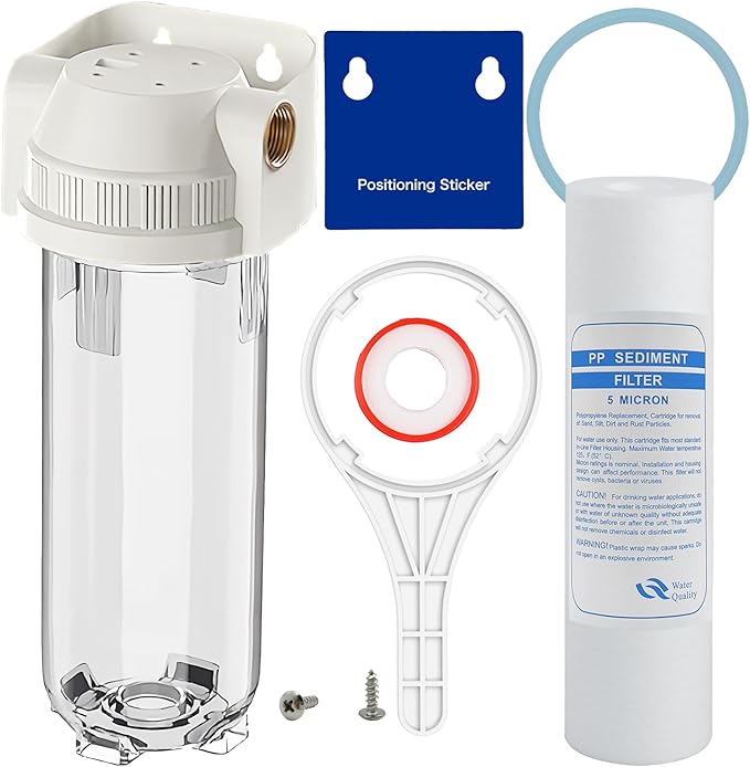 Whole House/RV Water Filter Housing Clear, 10" X 2.5" Inline Sediment Water Filter for RV, Home, Aquarium, Maple Syrup RO System, 3/4" G Brass Port, R-Type O-Ring,with PP Filter - 1025CWP
