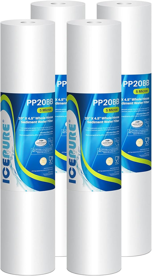 ICEPURE 5 Micron 20" x 4.5" Whole House Sediment Water Filter, 20 Inch Water Filter Replacement Cartridge Compatible with FPMB5-20, SP-DD-5005-20BB, FP25B, AP810-2, 155358-43, SDC-45-2005, 4 PACK