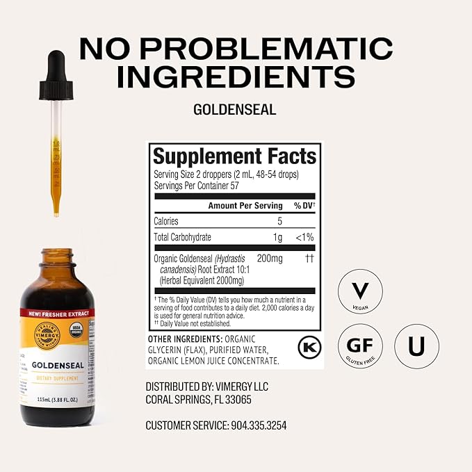 Vimergy Goldenseal Tincture Herbal Supplement – (57 Servings) 10:1 Extract Equivalent of 2000mg Herbal Equivalent– USDA Organic, Vegan, Alcohol-Free Golden Seal herb Drops Great for Tea (115 mL)