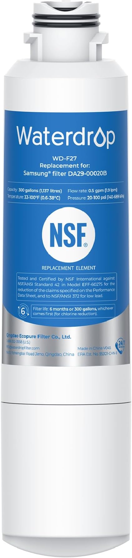 Waterdrop DA29-00020B Refrigerator Water Filter, Replacement for Samsung HAF-CIN/EXP, DA29-00020B-1, RF263BEAESR, RF263TEAESG, RF4287HARS, Reduce Chlorine, bad Taste and Odor(Package May Vary)