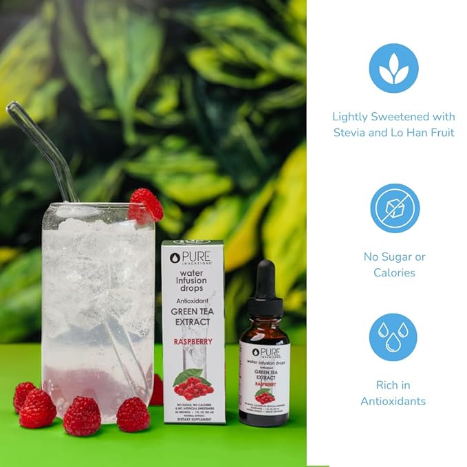 Pure Inventions - Green Tea Raspberry Water Infusion Drops - Antioxidants & Electrolytes - Health & Wellness Drink - Immunity Support - Sugar Free, Zero Calorie, No Artificial Sweeteners - 30 Servings