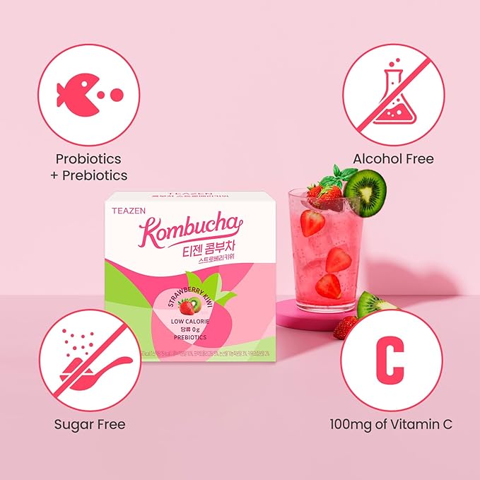 TEAZEN Strawberry Kiwi Kombucha Tea, Hydration Drink Mix, Sugar Free, Live Probiotics & Prebiotics, 30 Sticks, 5.29oz