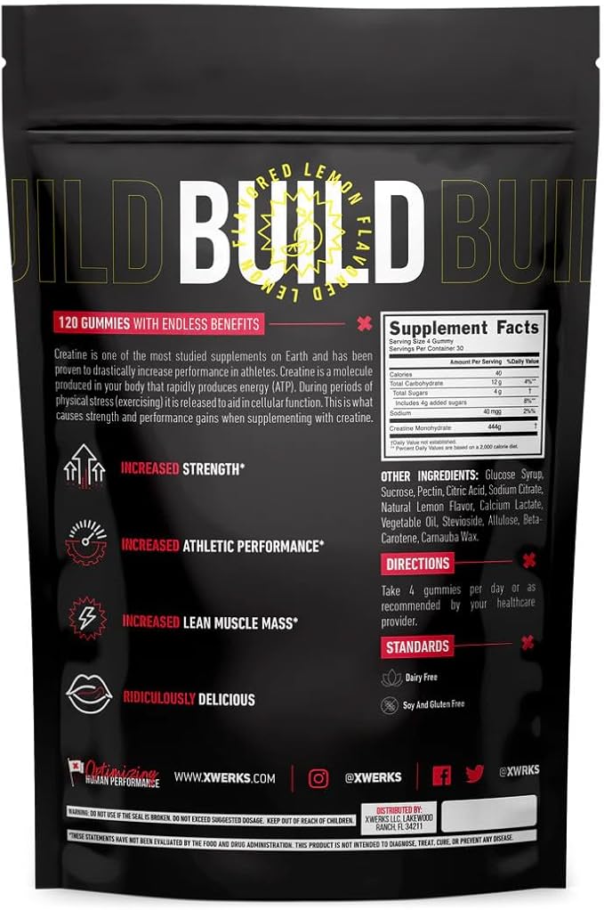 Xwerks Build Creatine Gummies for Men and Women, 120 Count, 100% Pure Creatine Monohydrate, Lemon Flavored Muscle Building Gummies 4g Per Serving, Pre Workout Anti Melting, 5000mg Total Creatine