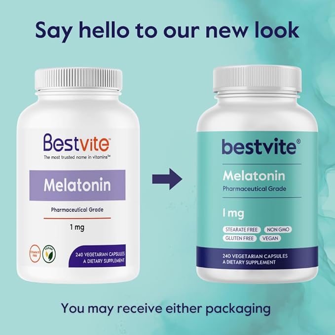 BESTVITE Melatonin 1 mg (240 Vegetarian Capsules) - No Stearates - No Sucralose, No Dextrose, No Silicon Dioxide, No Mannitol - Vegan - Non-GMO - Gluten-Free