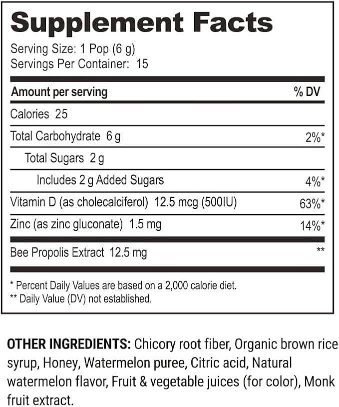 Kids Throat Soothing Watermelon Lollipops, by Beekeeper's Naturals - Doctor Formulated Immune Support, under 2g Sugar, Vitamin D & Honey, 15 ct
