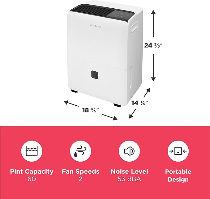 Frigidaire 60-Pint Portable Dehumidifier with Built-In Pump for Large Rooms & Basements, Custom Humidity Control, Auto Shut Off, White