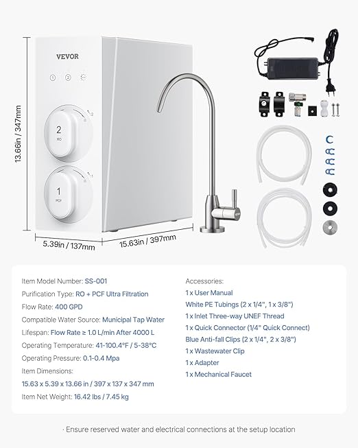 VEVOR Reverse Osmosis System, 400 GPD 8-stage Tankless Reverse Osmosis Water Filter, Certified Under Sink Water Filtration System, 2:1 Pure to Drain, Reduces TDS, Lead, Chlorine, Bad Taste, Odor