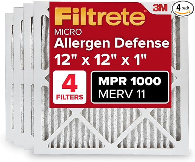 Filtrete 12x12x1 AC Furnace Air Filter, MERV 11, MPR 1000, Micro Allergen Defense, 3-Month Pleated 1-Inch Electrostatic Air Cleaning Filter, 4 Pack (Actual Size 11.81x11.81x0.81 in)