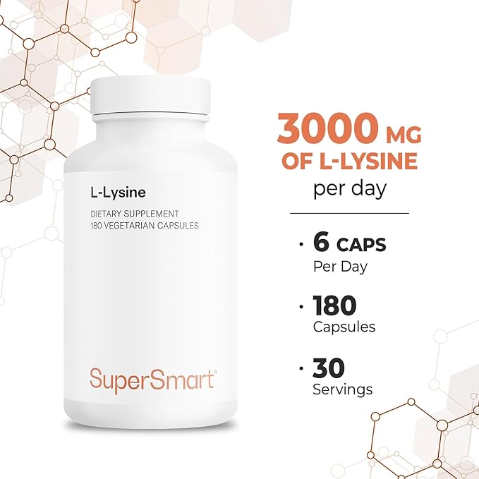 Supersmart - L-Lysine 6000mg per Day (High Strength) - Essential Amino Acid Lysine Supplement | Non-GMO & Gluten Free - 180 Vegetarian Capsules
