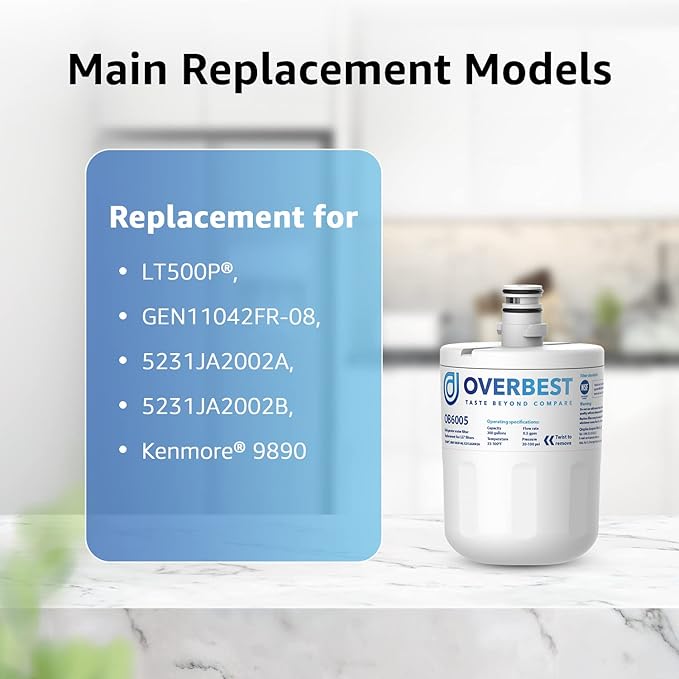Overbest 5231JA2002A Refrigerator Water Filter, Replacement for LG® LT500P®, GEN11042FR-08, Kenmore® 9890, 46-9890, HDX FML-1, ADQ72910911, ADQ72910901, LFX25974ST, LFX25973ST, LSC27925ST, 3 Pack