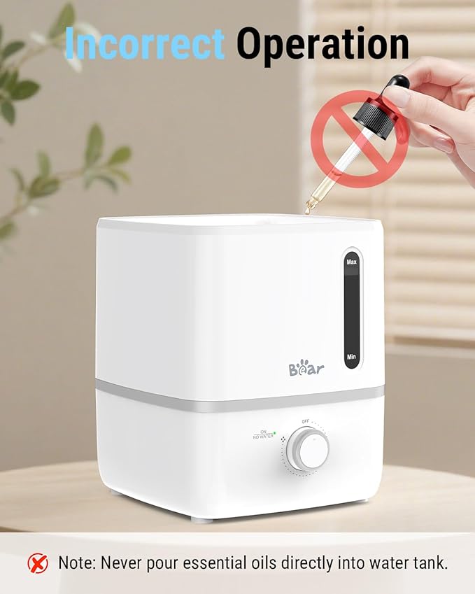 Bear Humidifiers for Bedroom, 3L Cool Mist Humidifiers and Oil Diffuser, Quiet Rapid humidifiers for Home Whole House, with Adjustable Mist Output and Auto Shut-off, White