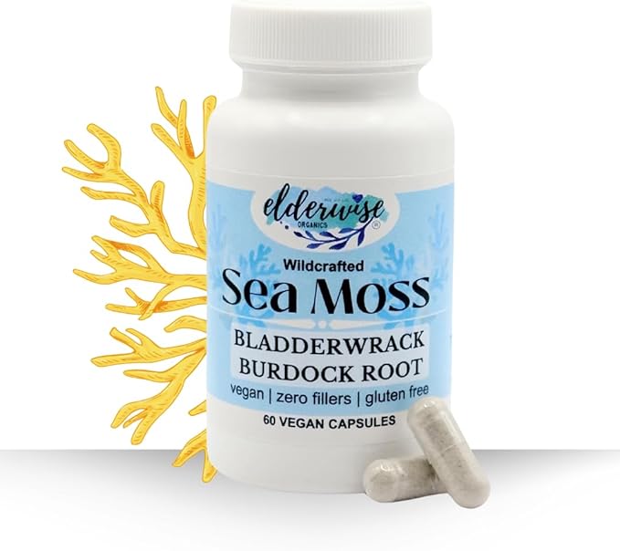 Elderwise Organics Sea Moss Capsules - Sea Moss with Burdockroot & Bladderwrack - Superfood Supplement with Raw Sea Moss - 60 Vegan Capsules - 30 Day Supply - Dosage 2 a Day - 1400 mg